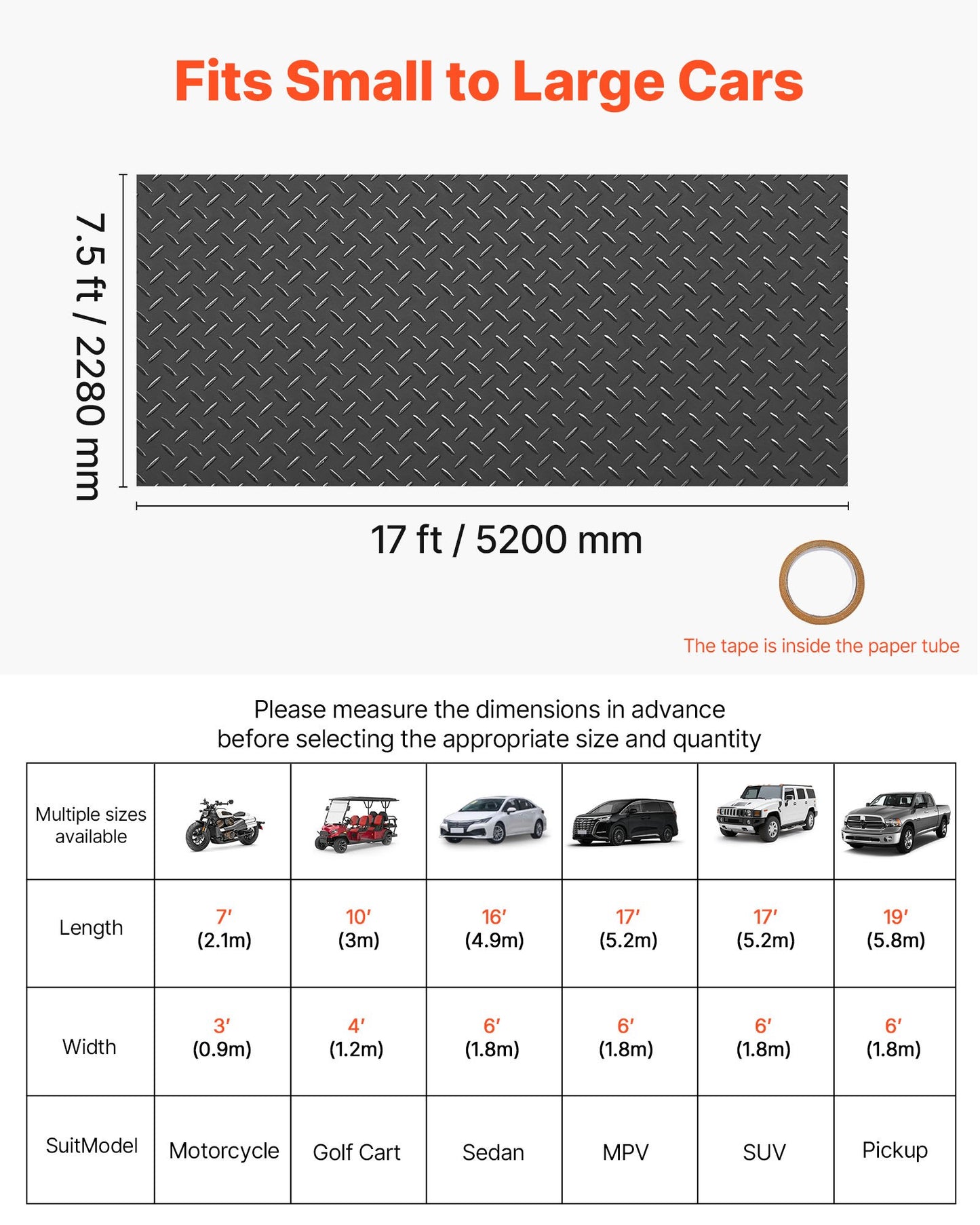 Garage Floor Roll, 2.28 x 5.2 m Garage Flooring Mat, 2.2 mm Thickened PVC Diamond Plate Floor Protector Mat with Double-sided Tape, Non-Slip, Easy to Clean for Warehouse, Gyms, Trailer, Black