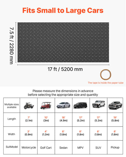 Garage Floor Roll, 2.28 x 5.2 m Garage Flooring Mat, 2.2 mm Thickened PVC Diamond Plate Floor Protector Mat with Double-sided Tape, Non-Slip, Easy to Clean for Warehouse, Gyms, Trailer, Black