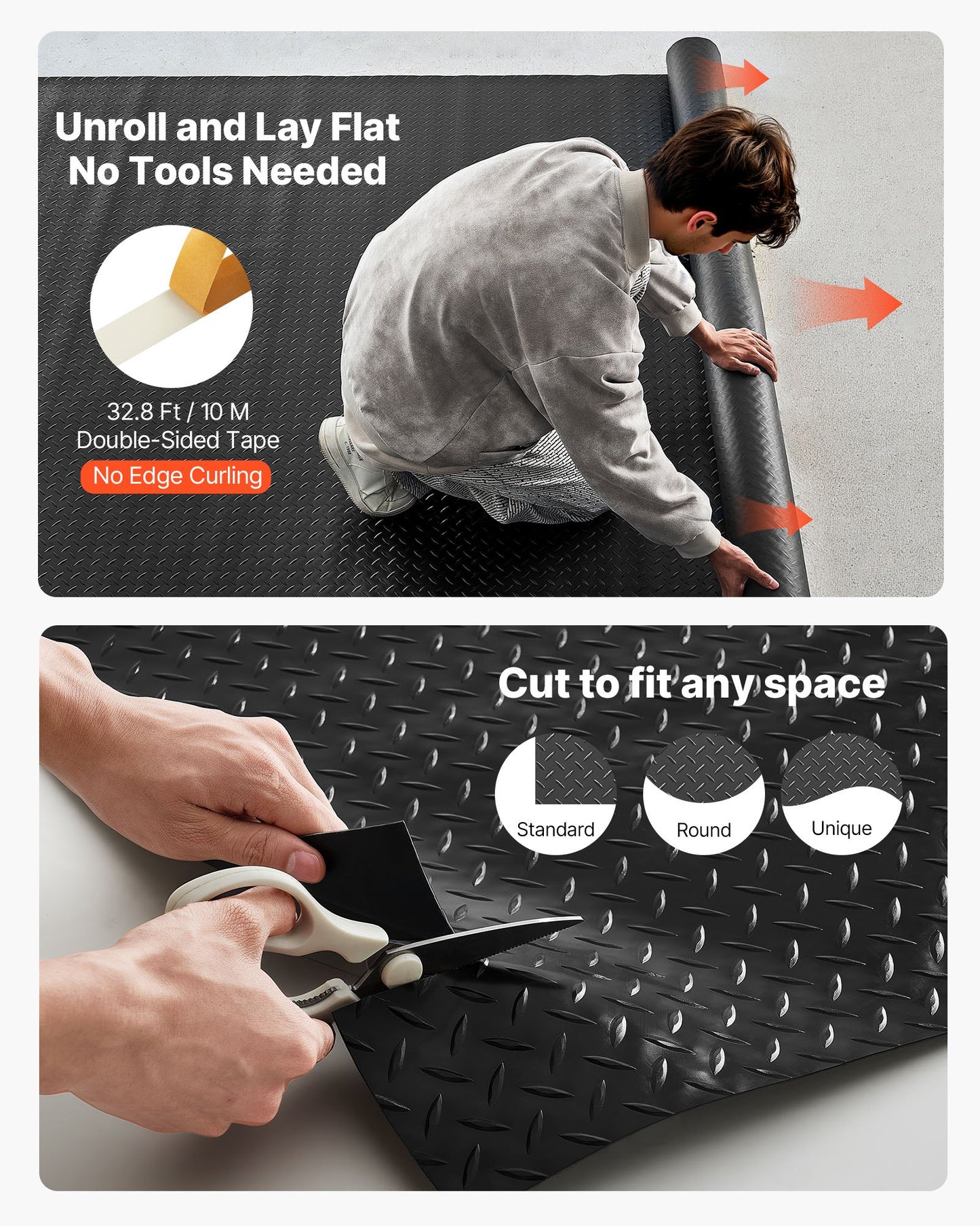 Garage Floor Roll, 2.28 x 5.2 m Garage Flooring Mat, 2.2 mm Thickened PVC Diamond Plate Floor Protector Mat with Double-sided Tape, Non-Slip, Easy to Clean for Warehouse, Gyms, Trailer, Black