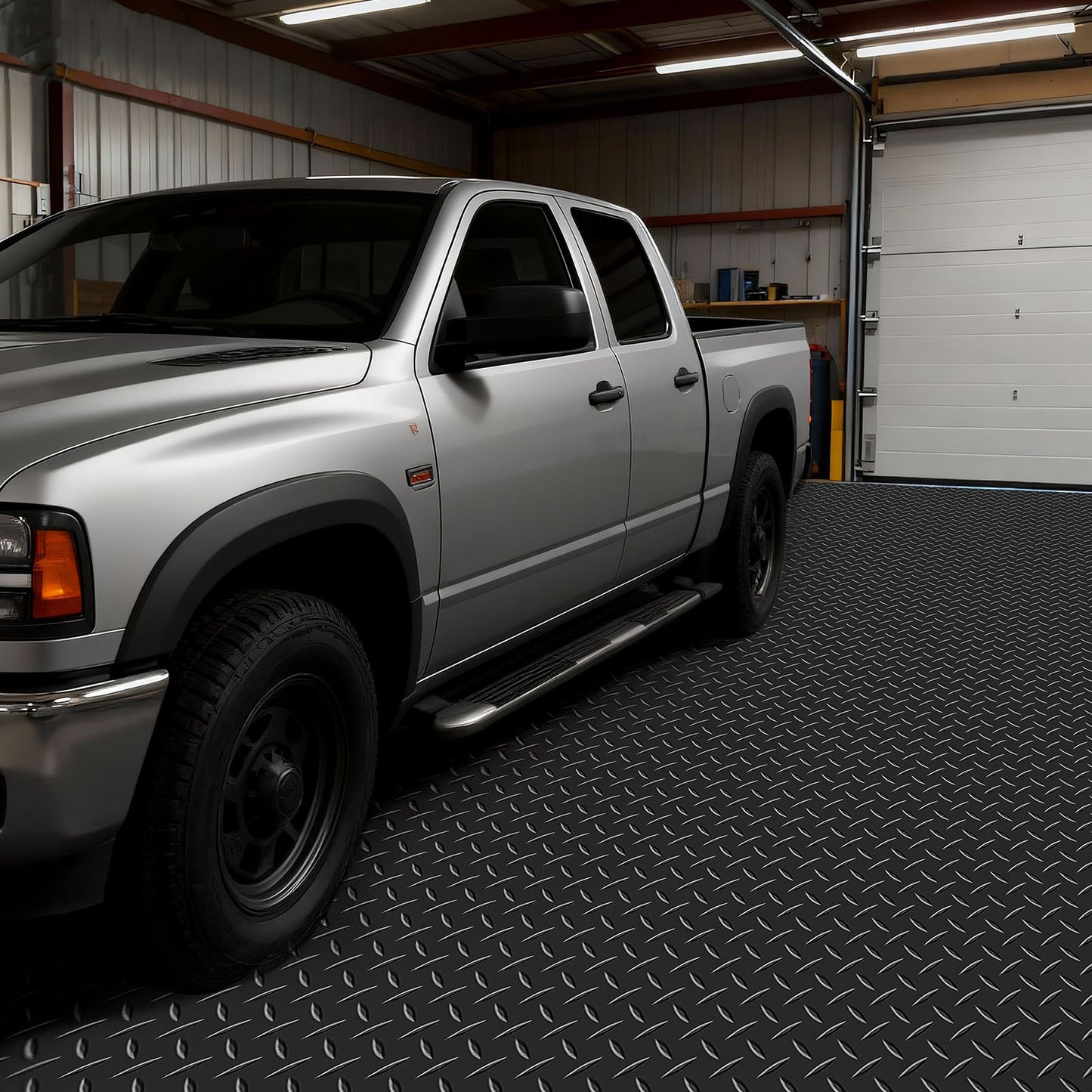 Garage Floor Roll, 2.28 x 5.2 m Garage Flooring Mat, 2.2 mm Thickened PVC Diamond Plate Floor Protector Mat with Double-sided Tape, Non-Slip, Easy to Clean for Warehouse, Gyms, Trailer, Black