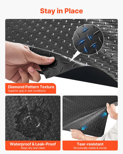 Garage Floor Roll, 1.2 x 2.13 m Garage Flooring Mat, 2.2 mm Thickened PVC Diamond Plate Floor Protector Mat with Double-sided Tape, Non-Slip, Easy to Clean for Warehouse, Gyms, Trailer, Black