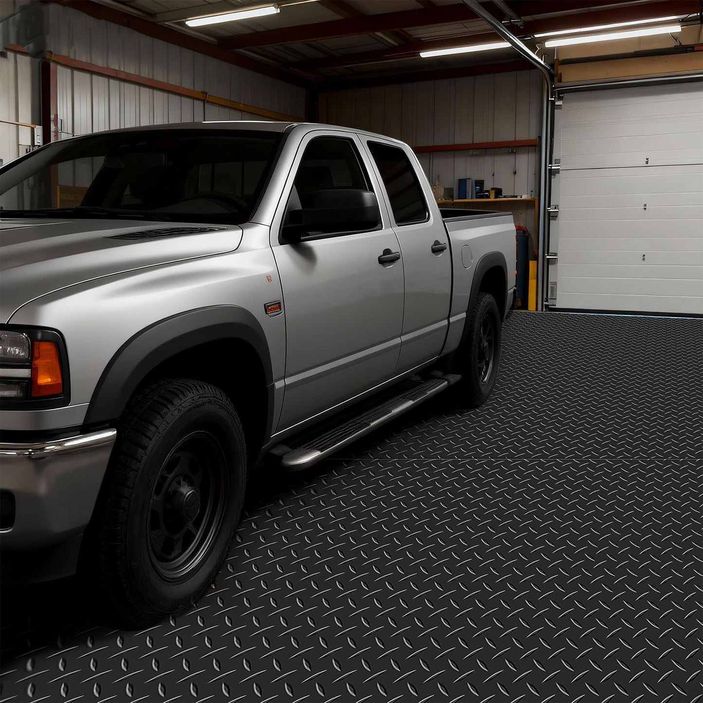 Garage Floor Roll, 1.2 x 2.13 m Garage Flooring Mat, 2.2 mm Thickened PVC Diamond Plate Floor Protector Mat with Double-sided Tape, Non-Slip, Easy to Clean for Warehouse, Gyms, Trailer, Black