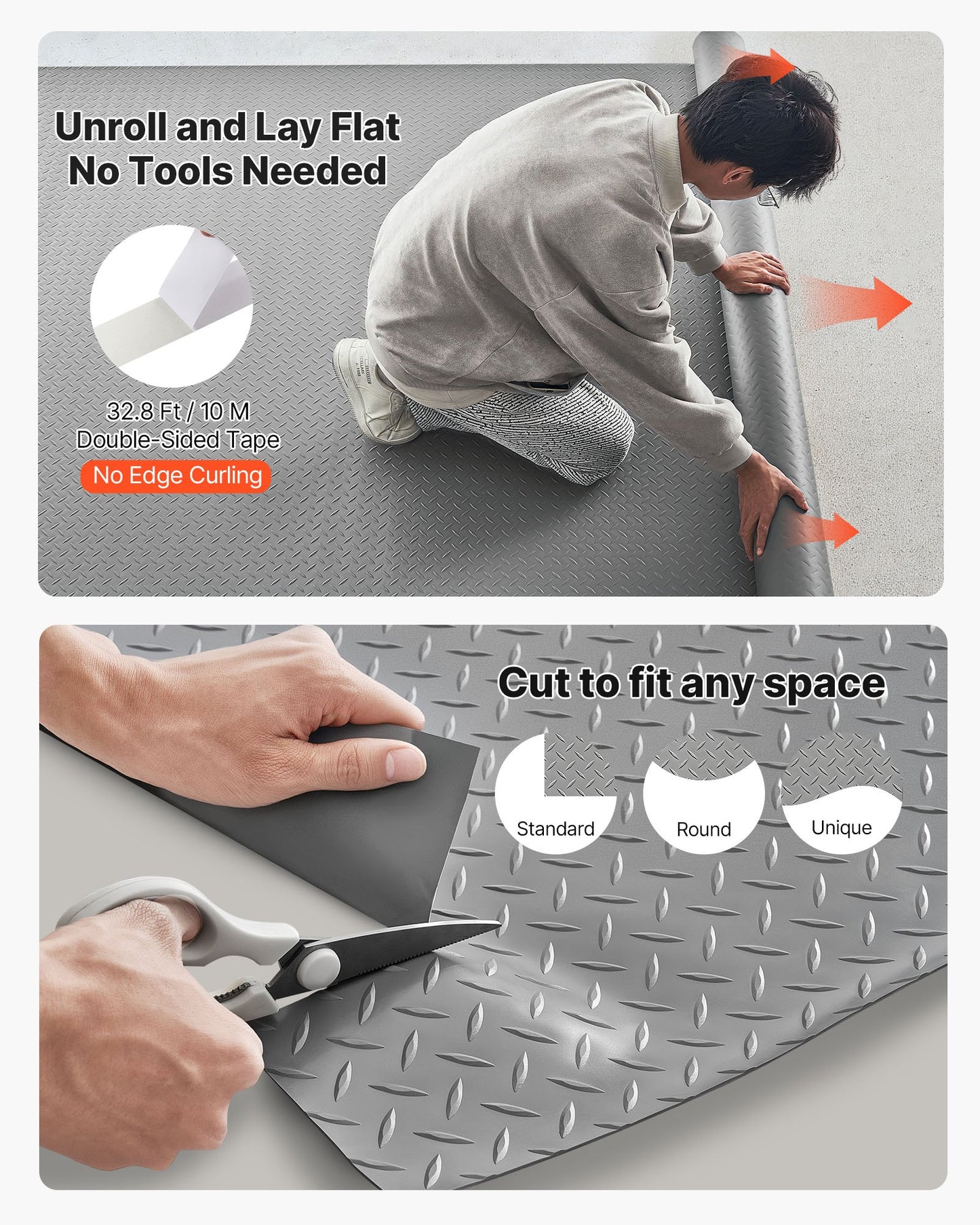 Garage Floor Roll, 2.28 x 5.2 m Garage Flooring Mat, 2.2 mm Thickened PVC Diamond Plate Floor Protector Mat with Double-sided Tape, Non-Slip, Easy to Clean for Warehouse, Gyms, Silver Gray