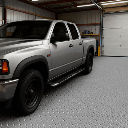 Garage Floor Roll, 2.28 x 5.2 m Garage Flooring Mat, 2.2 mm Thickened PVC Diamond Plate Floor Protector Mat with Double-sided Tape, Non-Slip, Easy to Clean for Warehouse, Gyms, Silver Gray