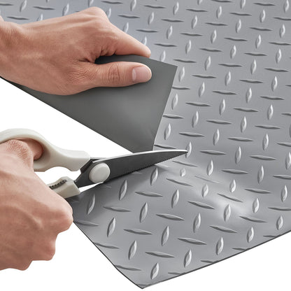 Garage Floor Roll, 2.28 x 5.2 m Garage Flooring Mat, 2.2 mm Thickened PVC Diamond Plate Floor Protector Mat with Double-sided Tape, Non-Slip, Easy to Clean for Warehouse, Gyms, Silver Gray