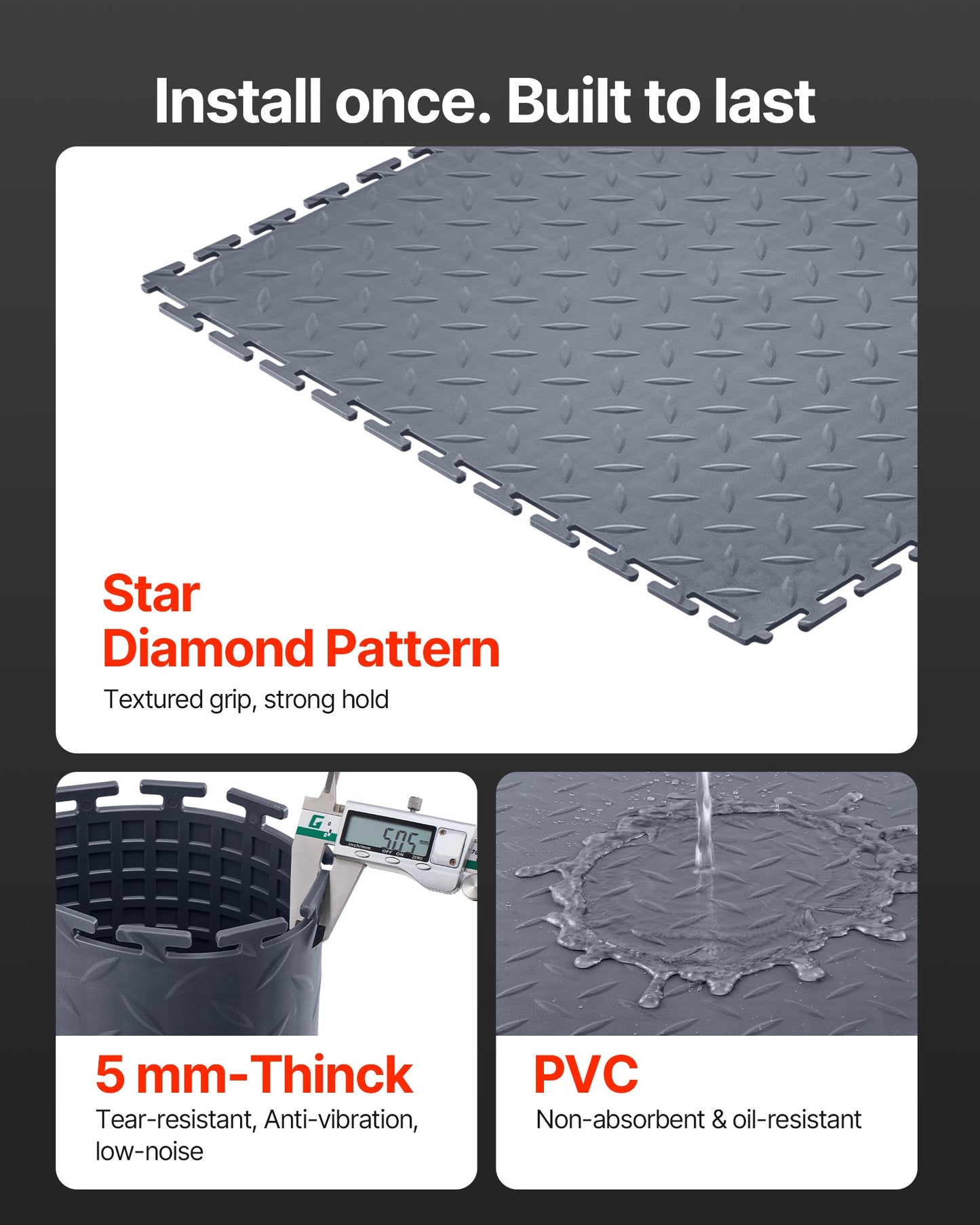 Garage Floor Tiles Interlocking, 16 Pack 513 x 513 x 5 mm Interlocking Modular Garage Flooring Tiles, Diamond Plate Slip-Resistant PVC Mats for Workshop,Warehouse,Tool Room, Graphite Gray
