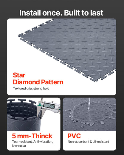 Garage Floor Tiles Interlocking, 16 Pack 513 x 513 x 5 mm Interlocking Modular Garage Flooring Tiles, Diamond Plate Slip-Resistant PVC Mats for Workshop,Warehouse,Tool Room, Graphite Gray
