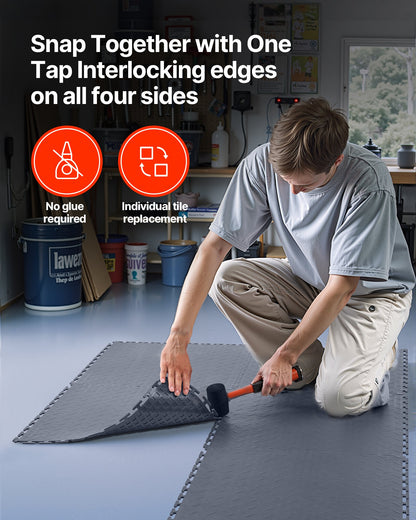 Garage Floor Tiles Interlocking, 16 Pack 513 x 513 x 5 mm Interlocking Modular Garage Flooring Tiles, Diamond Plate Slip-Resistant PVC Mats for Workshop,Warehouse,Tool Room, Graphite Gray