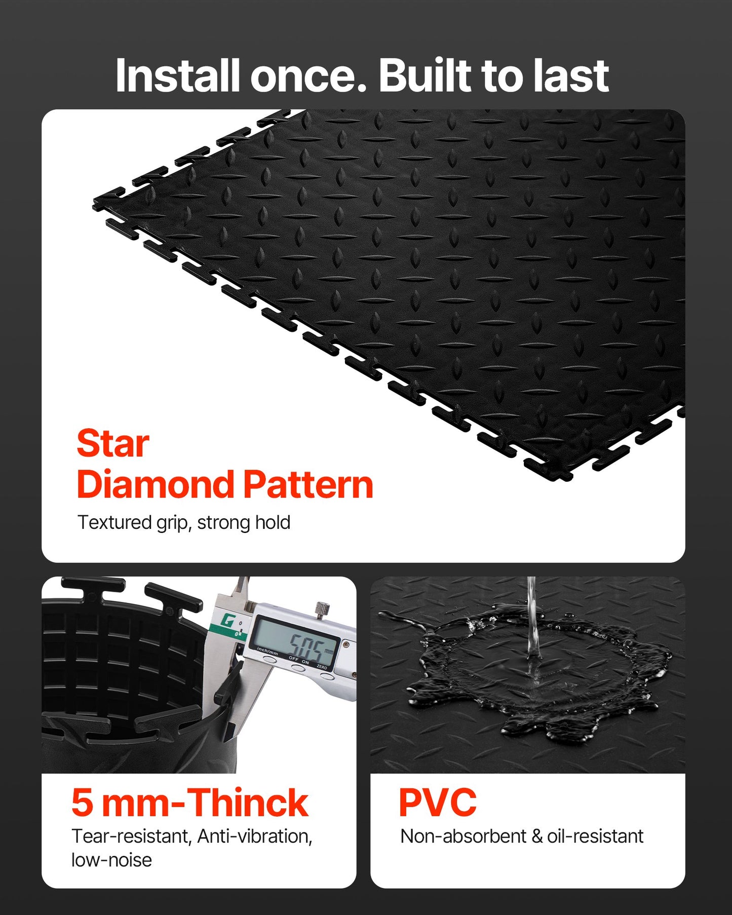 Garage Floor Tiles Interlocking, 16 Pack 513 x 513 x 5 mm Interlocking Modular Garage Flooring Tiles, Diamond Plate Slip-Resistant PVC Mats for Workshop,Warehouse,Tool Room, Black