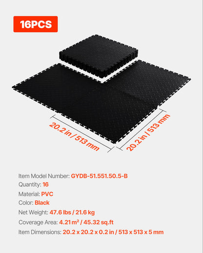 Garage Floor Tiles Interlocking, 16 Pack 513 x 513 x 5 mm Interlocking Modular Garage Flooring Tiles, Diamond Plate Slip-Resistant PVC Mats for Workshop,Warehouse,Tool Room, Black