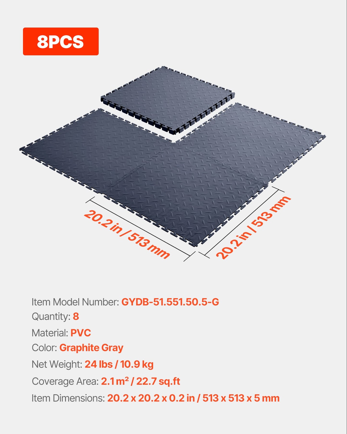Garage Floor Tiles Interlocking, 8 Pack 513 x 513 x 5 mm Interlocking Modular Garage Flooring Tiles, Diamond Plate Slip-Resistant PVC Mats for Workshop,Warehouse,Tool Room, Graphite Gray