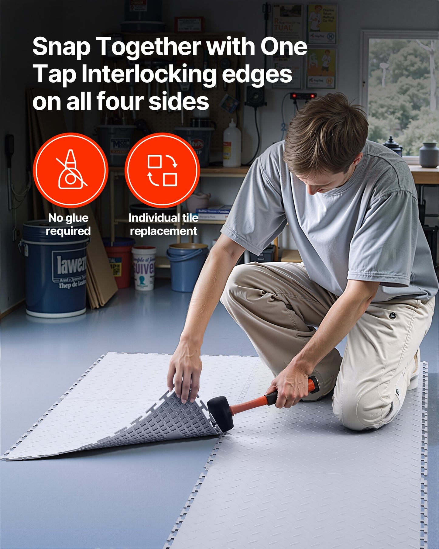 Garage Floor Tiles Interlocking, 8 Pack 513 x 513 x 5 mm Interlocking Modular Garage Flooring Tiles, Diamond Plate Slip-Resistant PVC Mats for Workshop,Warehouse,Tool Room, Silver