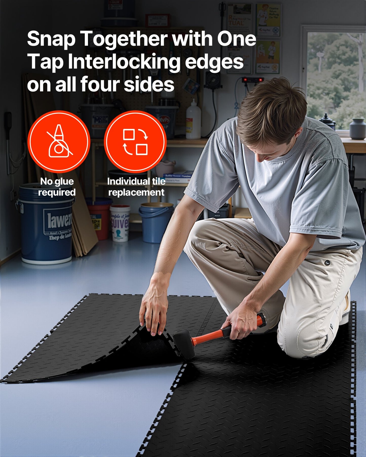 Garage Floor Tiles Interlocking, 8 Pack 513 x 513 x 5 mm Interlocking Modular Garage Flooring Tiles, Diamond Plate Slip-Resistant PVC Mats for Workshop,Warehouse,Tool Room, Black