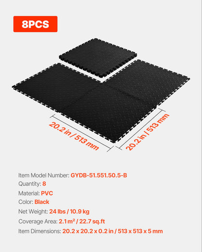 Garage Floor Tiles Interlocking, 8 Pack 513 x 513 x 5 mm Interlocking Modular Garage Flooring Tiles, Diamond Plate Slip-Resistant PVC Mats for Workshop,Warehouse,Tool Room, Black