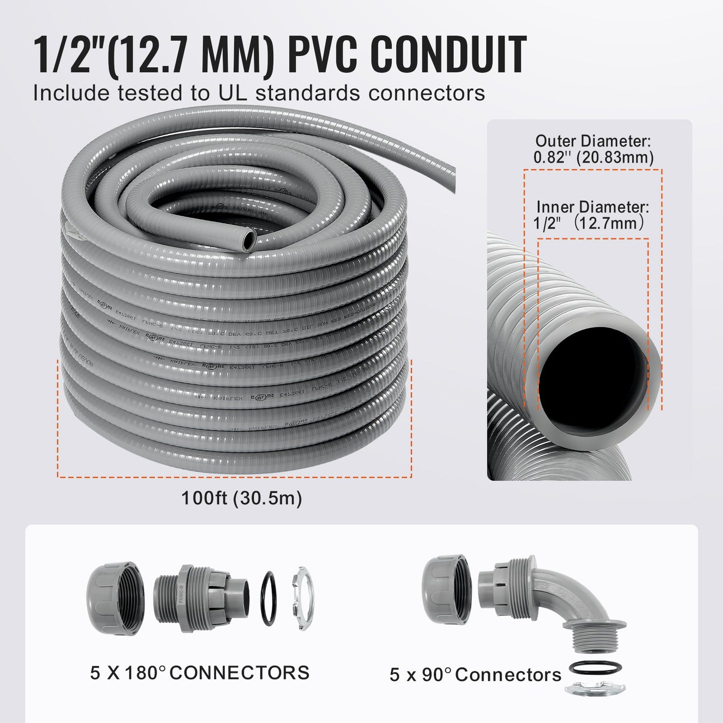 VEVOR 12.7 mm Flexible Electrical Conduit, 30.5 m, PVC Liquid-Tight Conduit Non-Metallic