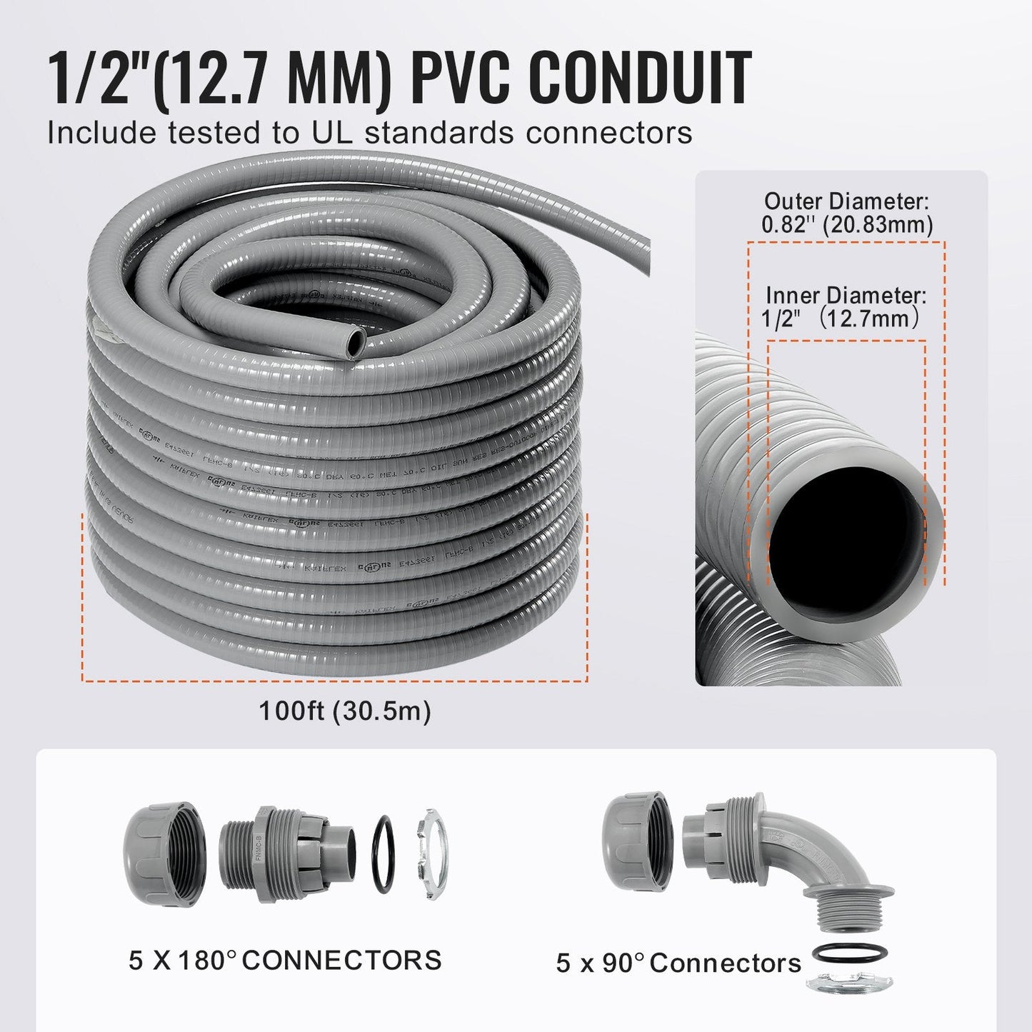 12.7 mm PVC Liquid-Tight Flexible Conduit, 30.5 m, with Connectors, IP65 Rated