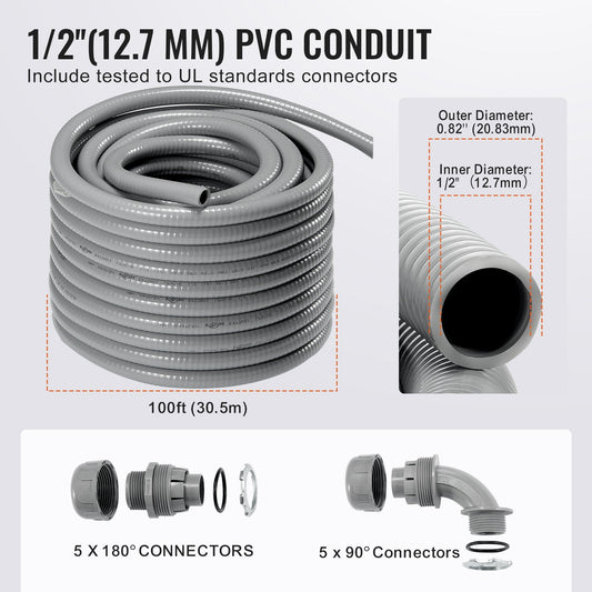 12.7 mm PVC Liquid-Tight Flexible Conduit, 30.5 m, with Connectors, IP65 Rated