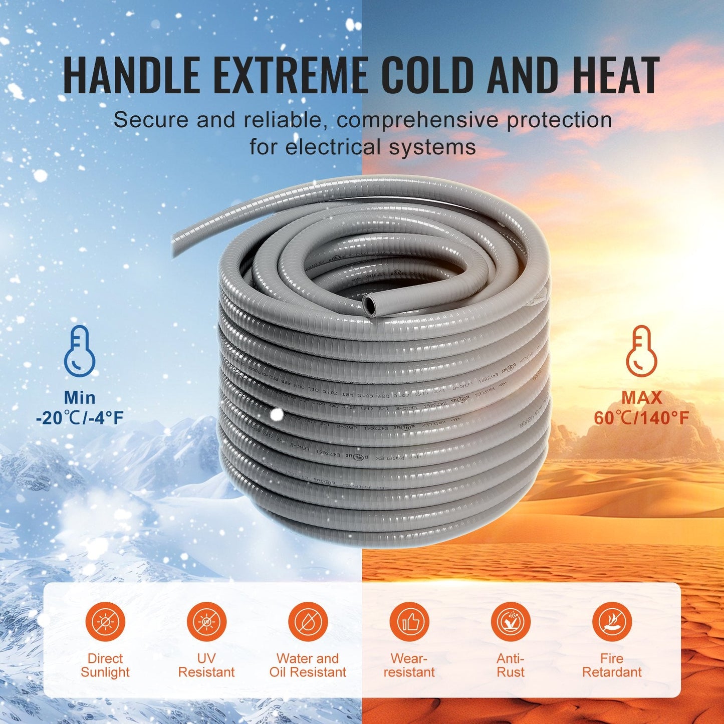 12.7 mm PVC Liquid-Tight Flexible Conduit, 30.5 m, with Connectors, IP65 Rated