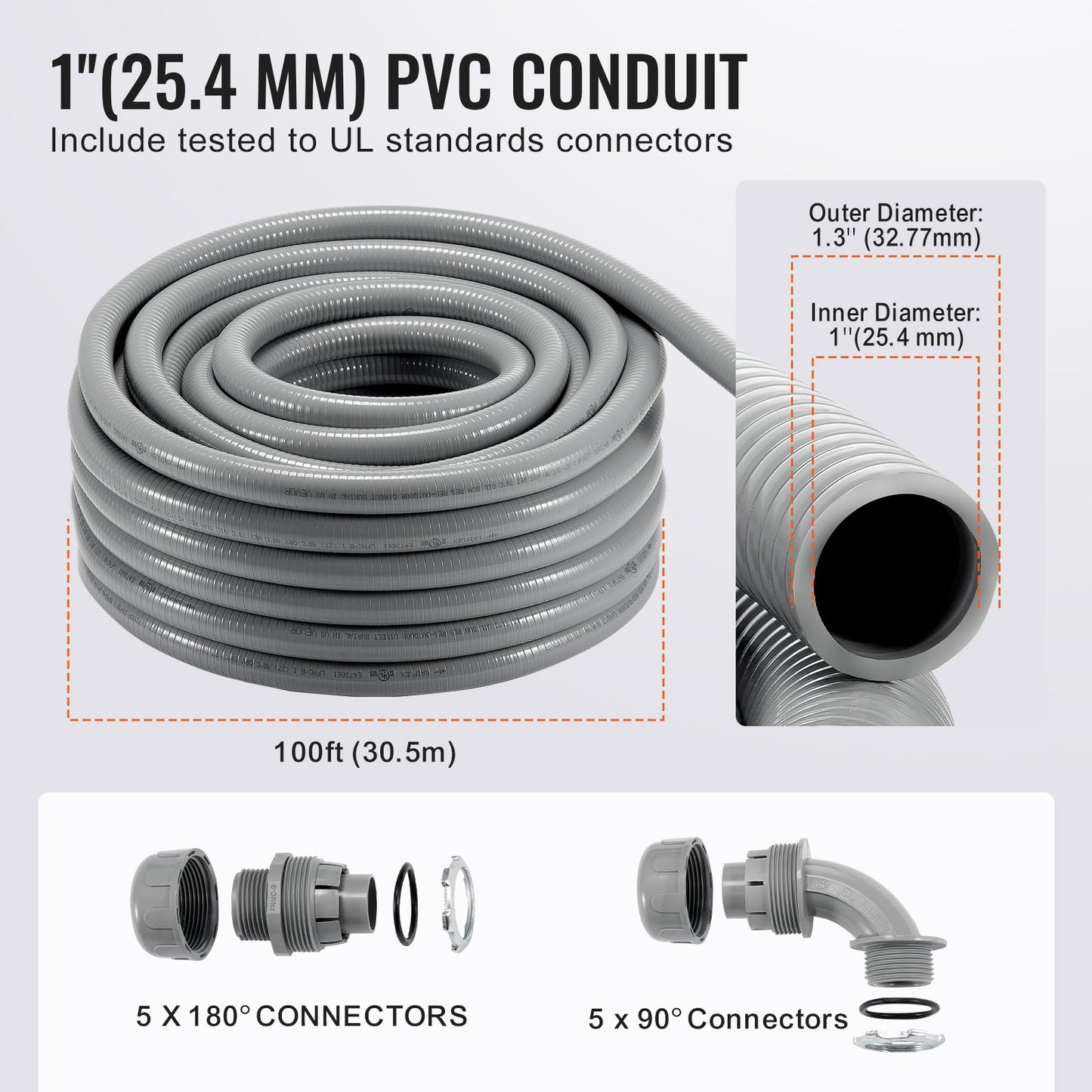VEVOR 25.4 mm Flexible Electrical Conduit, 30.5 m, PVC Liquid-Tight Conduit Non-Metallic