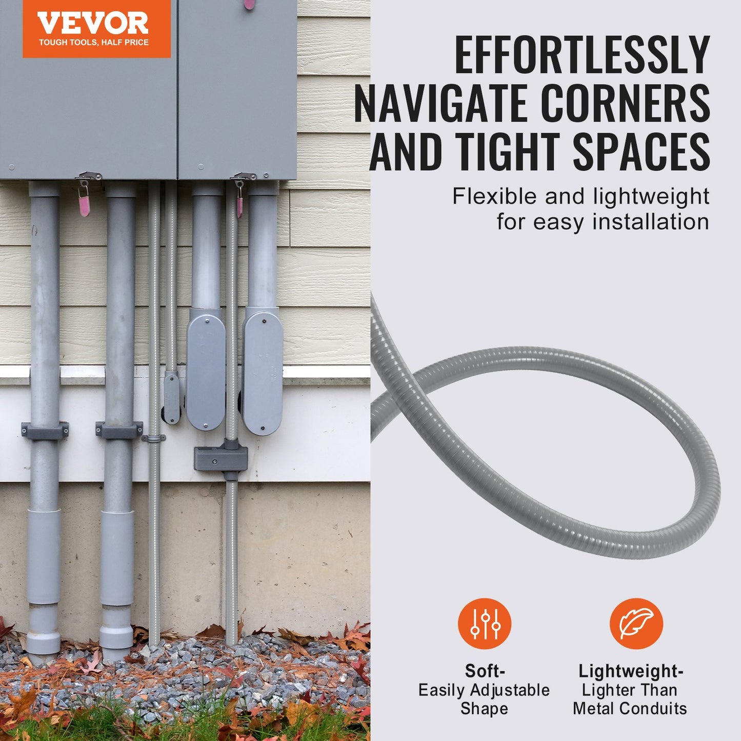 VEVOR 19.1 mm Flexible Electrical Conduit, 30.5 m, PVC Liquid-Tight Conduit Non-Metallic
