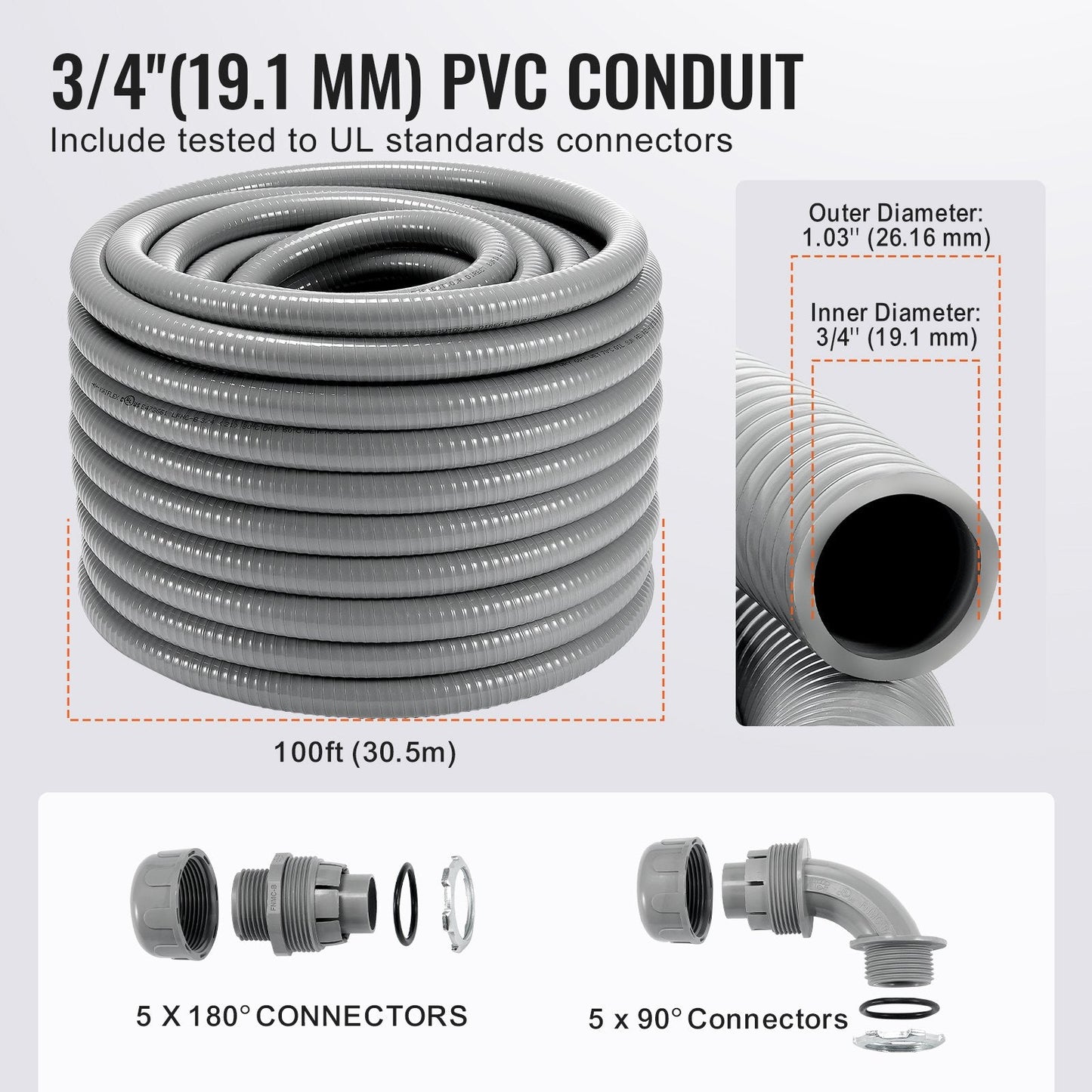 19.1 mm PVC Liquid-Tight Electrical Conduit, 30.5 m, with Connectors, IP65 Rated