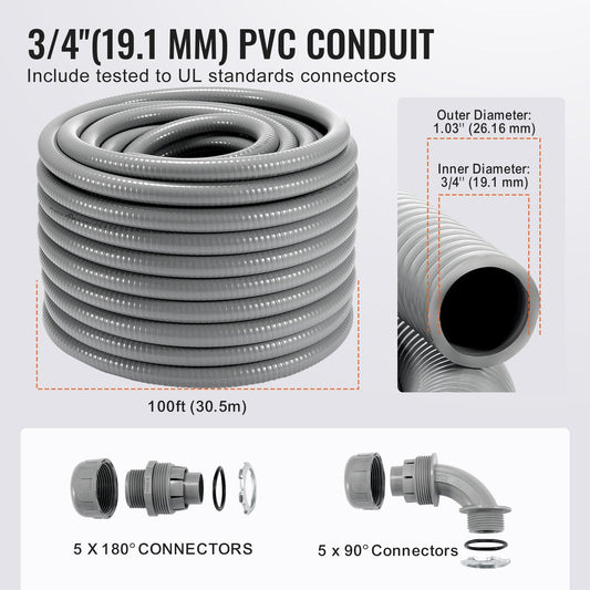 19.1 mm PVC Liquid-Tight Electrical Conduit, 30.5 m, with Connectors, IP65 Rated