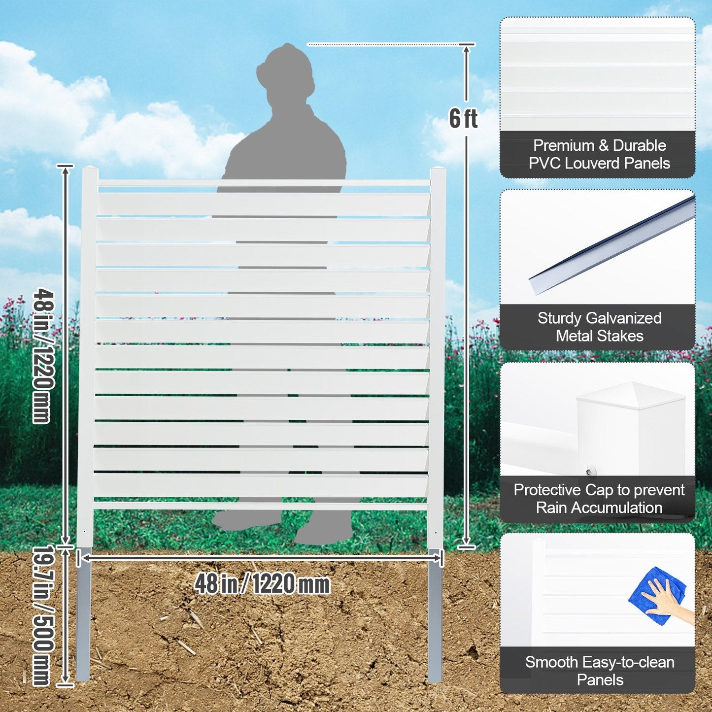 Outdoor Vinyl Privacy Fence Panels, 1.2m x 1.2m, White Louvered Screen Kit