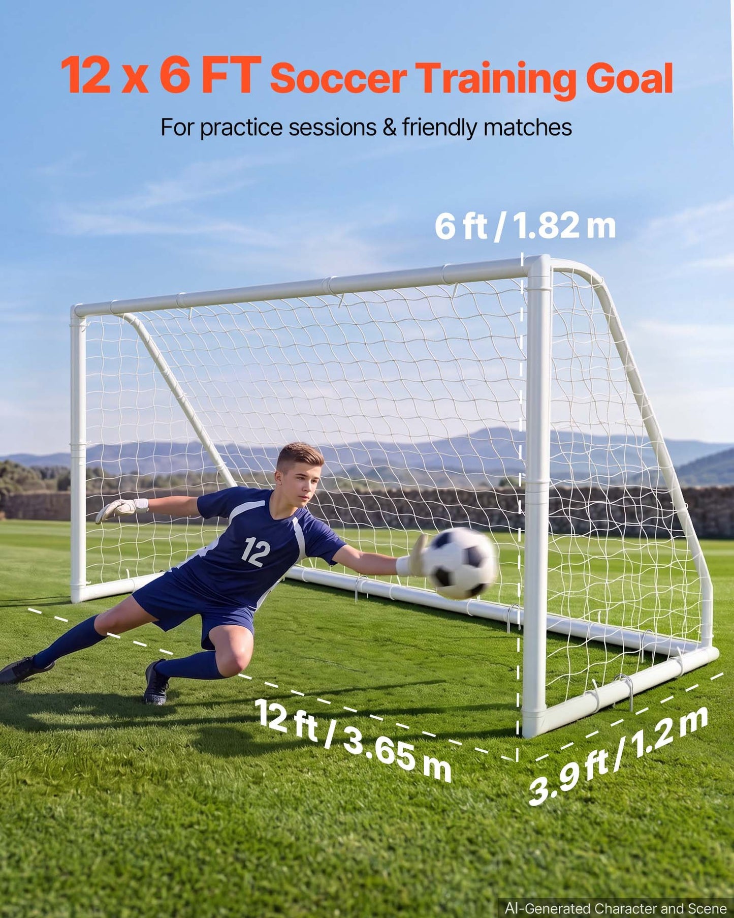 Soccer Goal 3.65 x 1.82 m PVC Soccer Goal for Backyard with PE Net, Portable & Weatherproof Set, with PE Net, Target, Ground Stake, Cones, for Kids & Adults Outdoor Backyard Practice Training