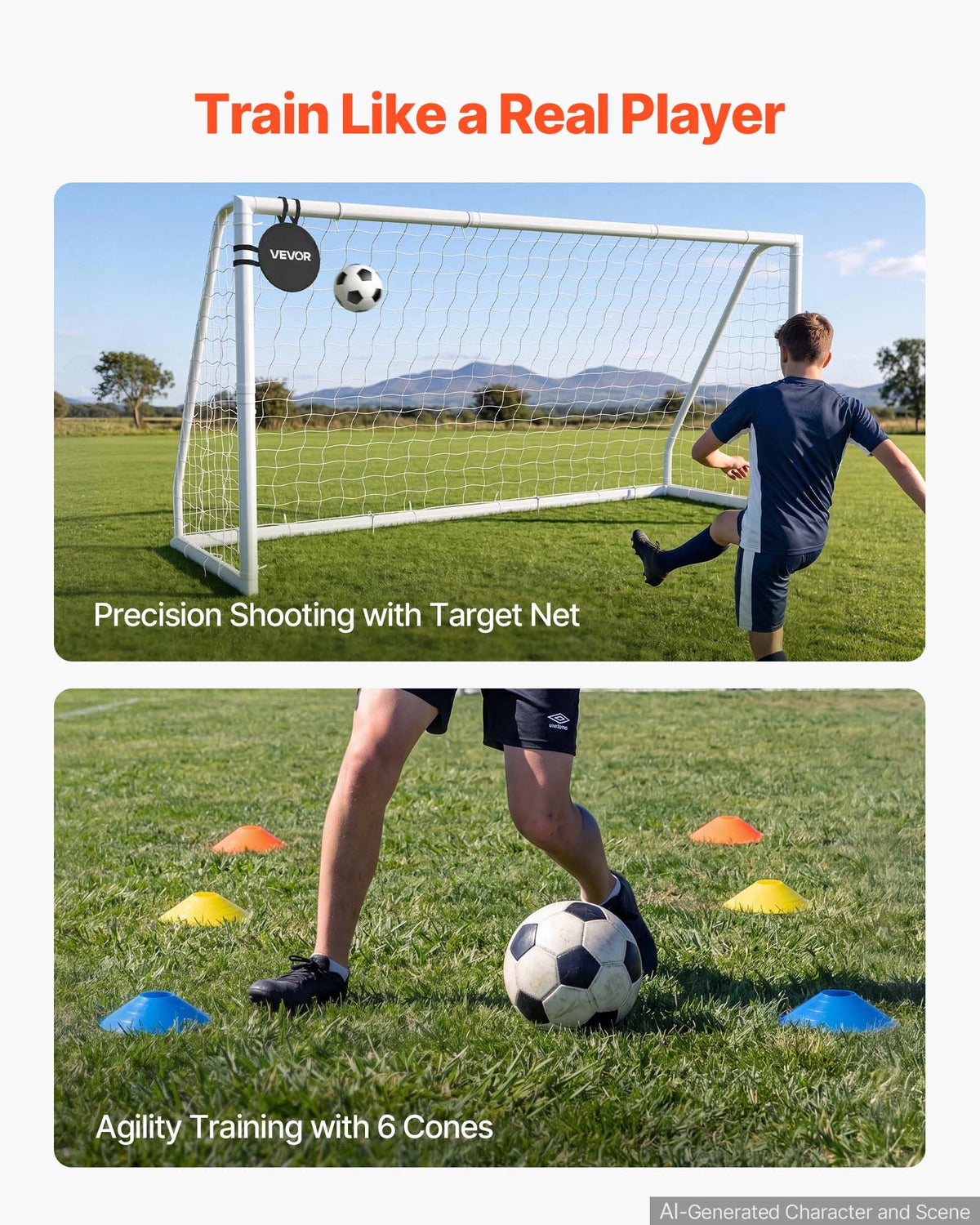 Soccer Goal 3.65 x 1.82 m PVC Soccer Goal for Backyard with PE Net, Portable & Weatherproof Set, with PE Net, Target, Ground Stake, Cones, for Kids & Adults Outdoor Backyard Practice Training
