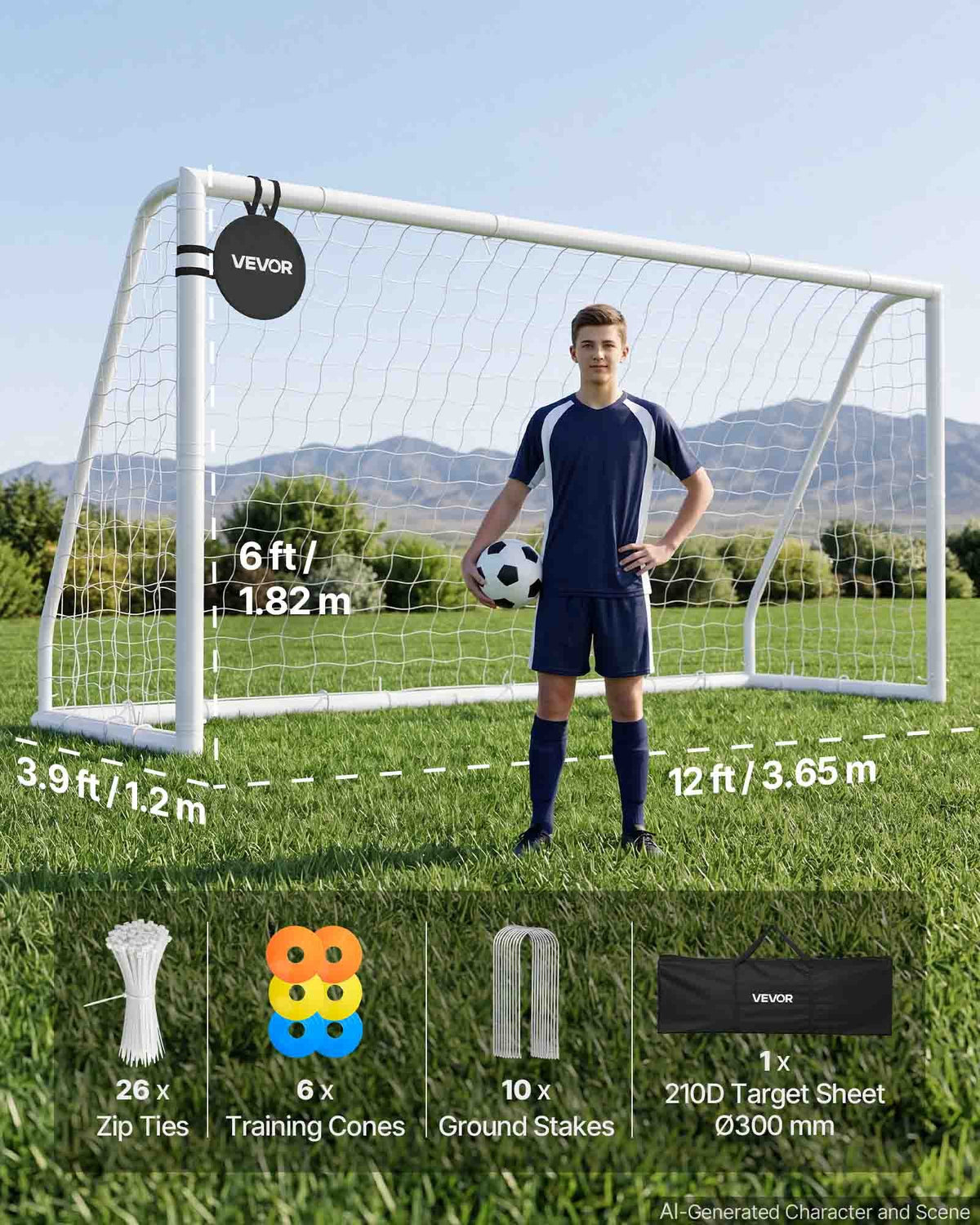 Soccer Goal 3.65 x 1.82 m PVC Soccer Goal for Backyard with PE Net, Portable & Weatherproof Set, with PE Net, Target, Ground Stake, Cones, for Kids & Adults Outdoor Backyard Practice Training