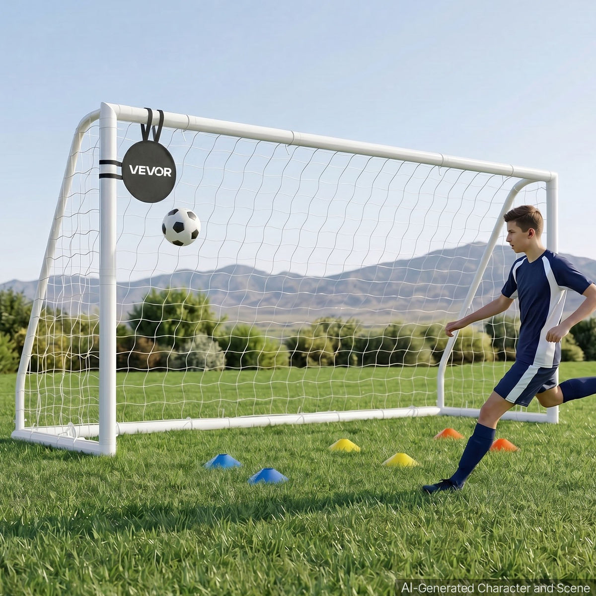 Soccer Goal 3.65 x 1.82 m PVC Soccer Goal for Backyard with PE Net, Portable & Weatherproof Set, with PE Net, Target, Ground Stake, Cones, for Kids & Adults Outdoor Backyard Practice Training