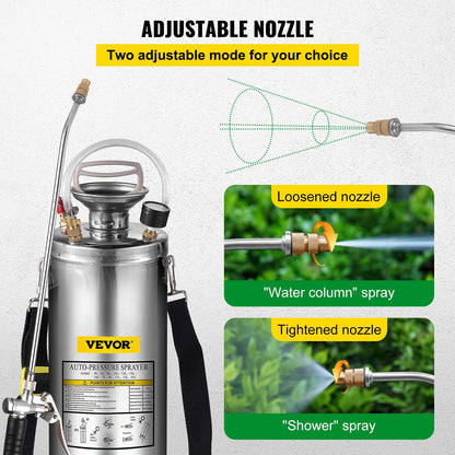 3 Gallon Stainless Steel Sprayer with 0.5m Wand & 0.9m Hose for Gardening