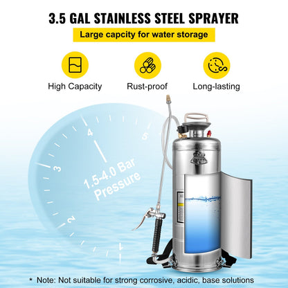 3.5 Gal Stainless Steel Sprayer with 0.5m Wand, Adjustable Nozzle & Safety Valve