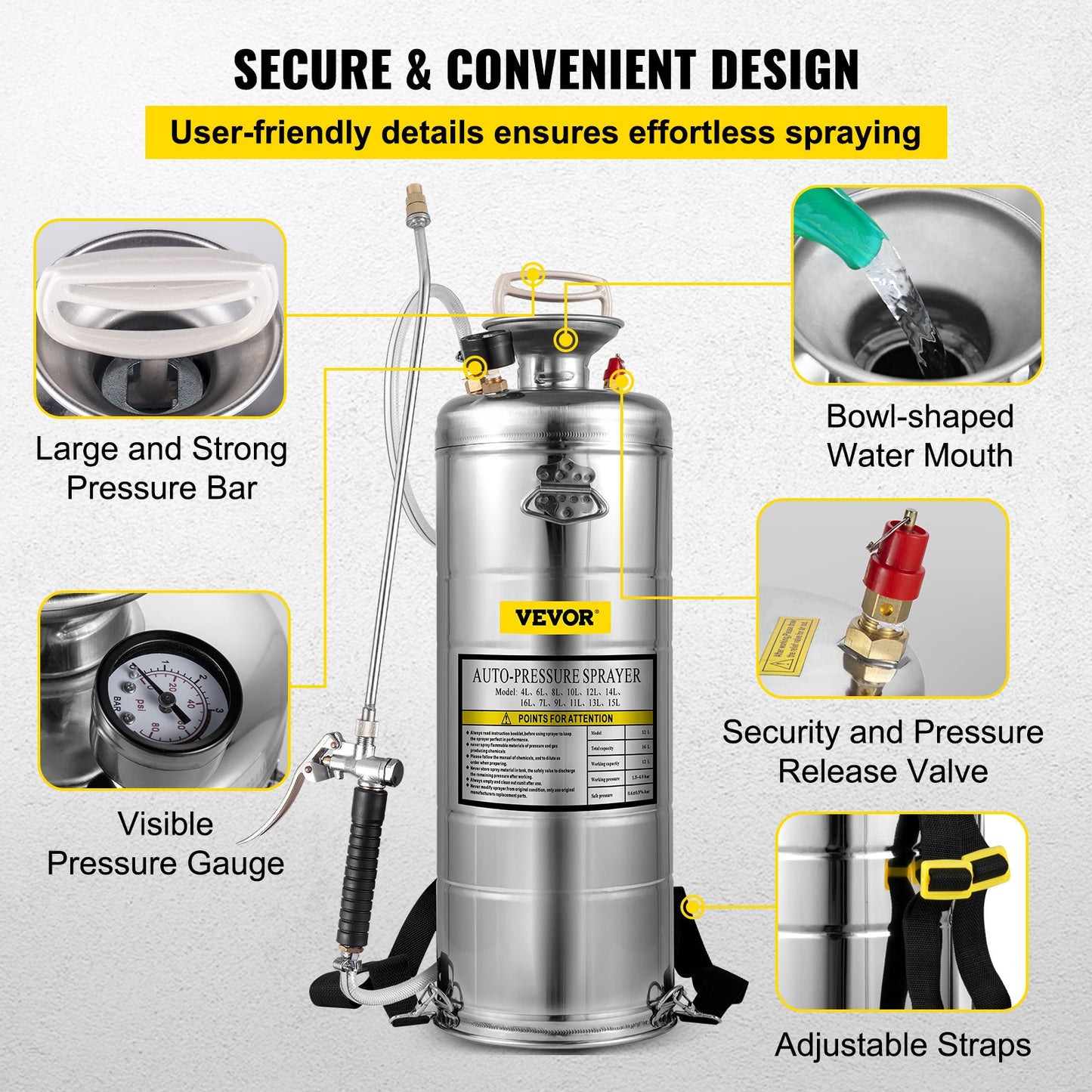 VEVOR 3.5Gal Stainless Steel Sprayer,l Set with 20" Wand& Handle& 3FT Reinforced