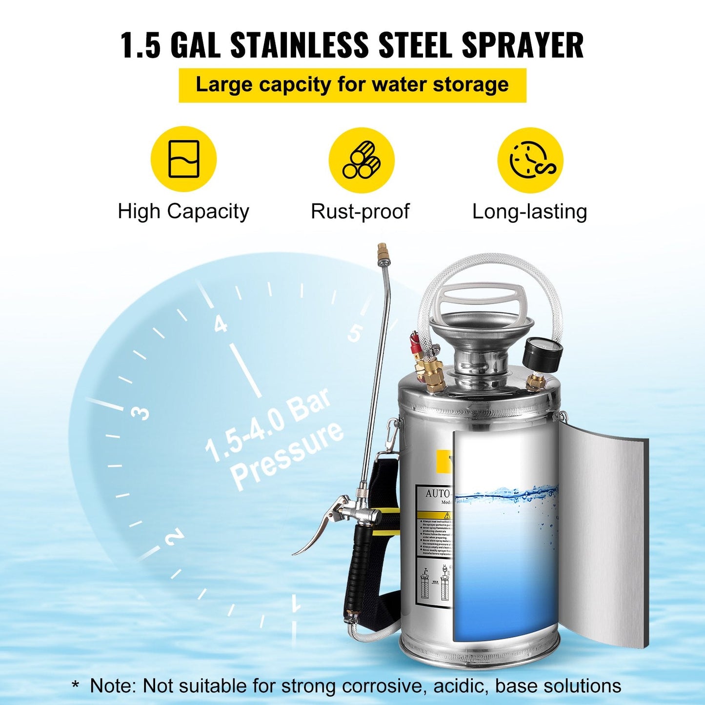 1.5 Gal Stainless Steel Sprayer with Adjustable Nozzle & 1.3m Wand for Gardening