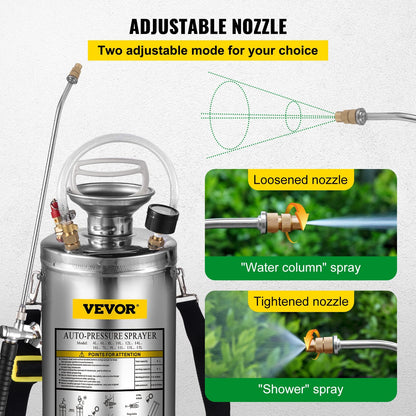 1.5 Gal Stainless Steel Sprayer with Adjustable Nozzle & 1.3m Wand for Gardening