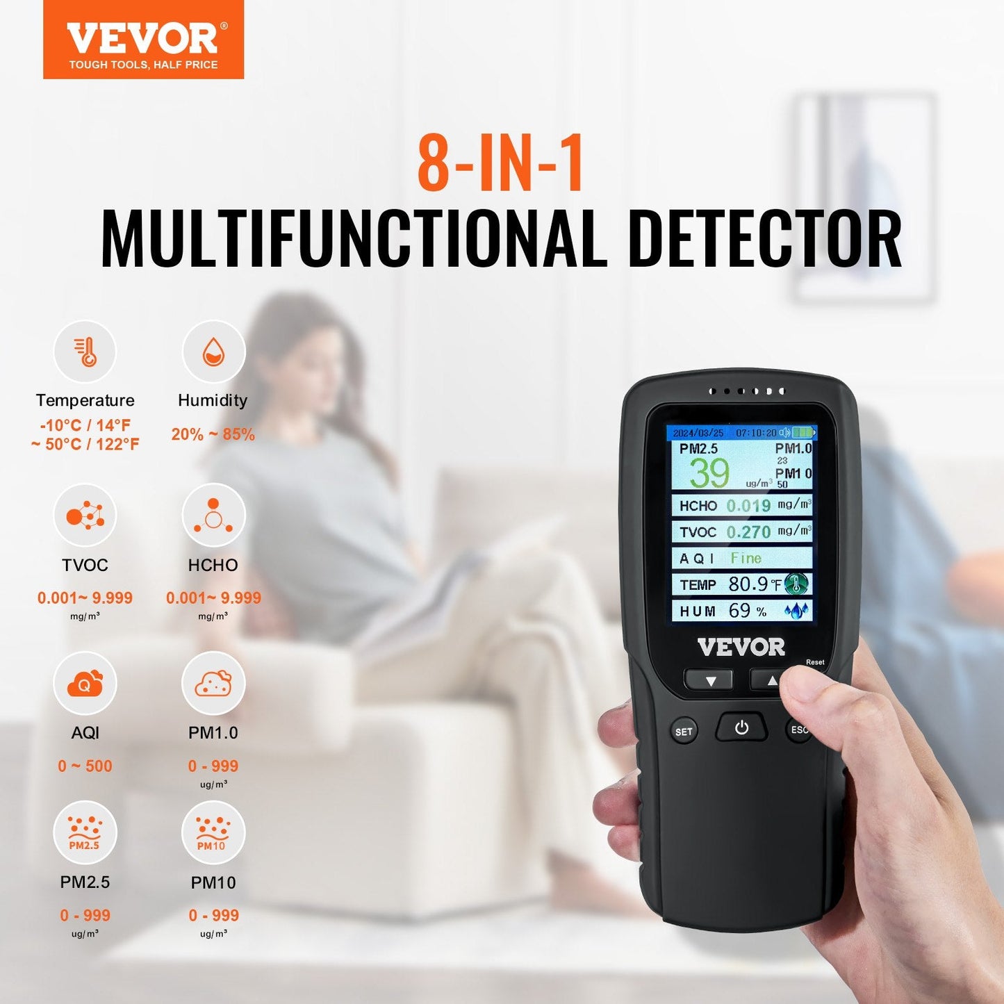8-in-1 Air Quality Monitor with PM, HCHO, TVOC, and Humidity Detection