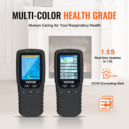 VEVOR 8-IN-1 Air Quality Monitor Meter PM1.0/2.5/10 HCHO TVOC Humidity Tester