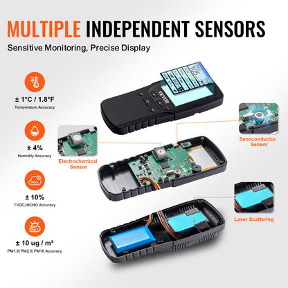 VEVOR 8-IN-1 Air Quality Monitor Meter PM1.0/2.5/10 HCHO TVOC Humidity Tester
