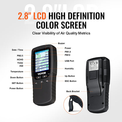 VEVOR 8-IN-1 Air Quality Monitor Meter PM1.0/2.5/10 HCHO TVOC Humidity Tester