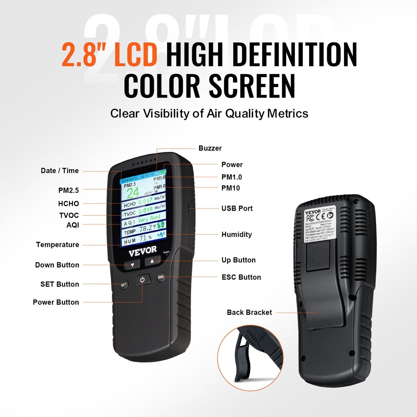 8-in-1 Air Quality Monitor with PM, HCHO, TVOC, and Humidity Detection