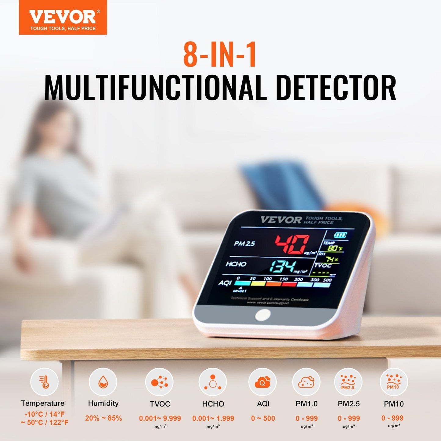 8-in-1 Air Quality Monitor with LCD Display - Tracks PM, HCHO, TVOC, and More
