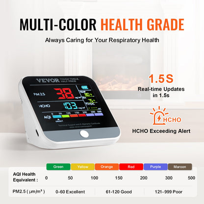 VEVOR 8-IN-1 Mini Air Quality Monitor Meter PM1.0/2.5/10 HCHO TVOC Tester