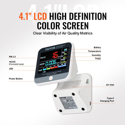 VEVOR 8-IN-1 Mini Air Quality Monitor Meter PM1.0/2.5/10 HCHO TVOC Tester