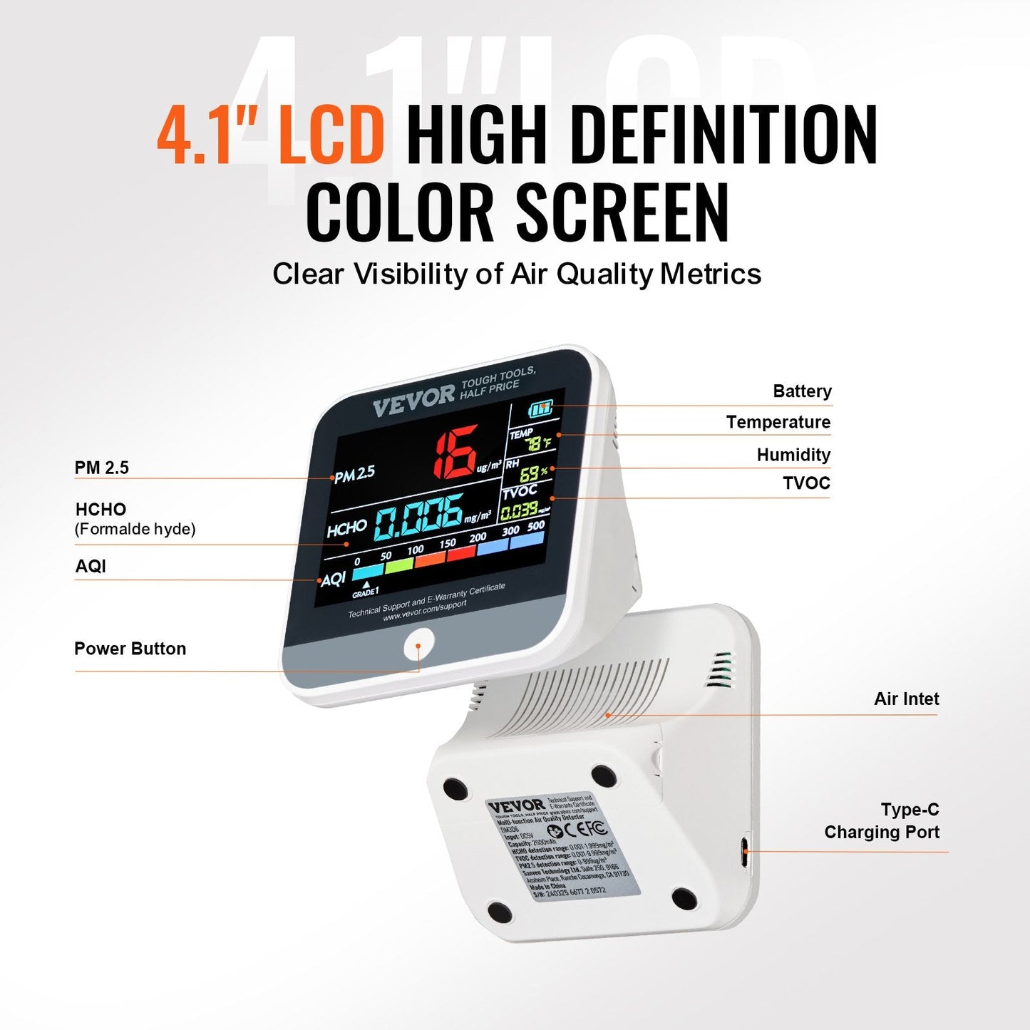 8-in-1 Air Quality Monitor with LCD Display - Tracks PM, HCHO, TVOC, and More