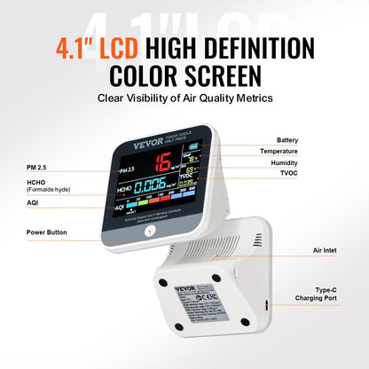8-in-1 Air Quality Monitor with LCD Display - Tracks PM, HCHO, TVOC, and More