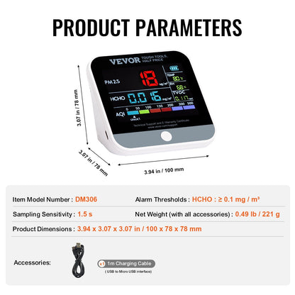 8-in-1 Air Quality Monitor with LCD Display - Tracks PM, HCHO, TVOC, and More