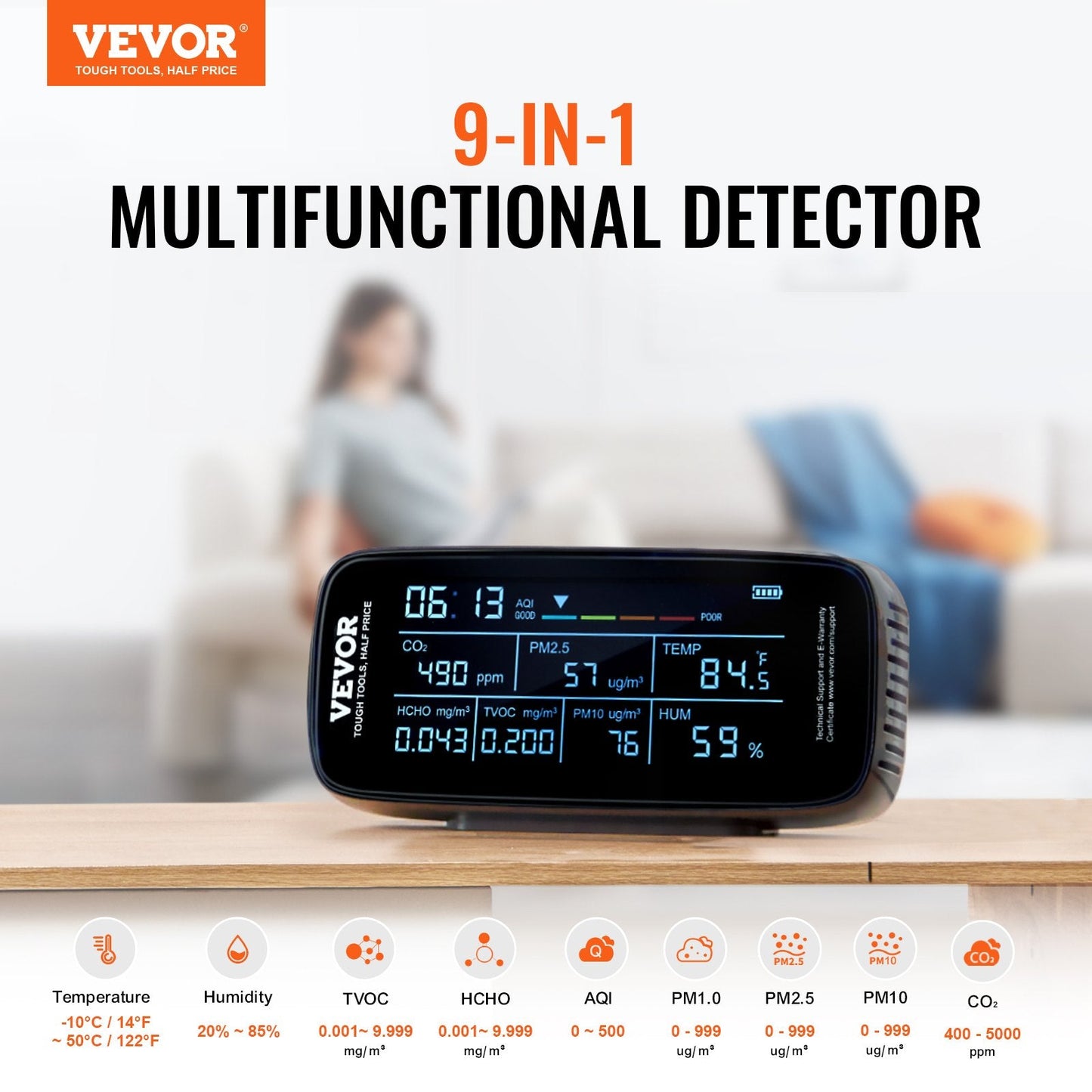 9-in-1 Air Quality Monitor with CO2 and PM Detection, LCD Display, Alarm Feature
