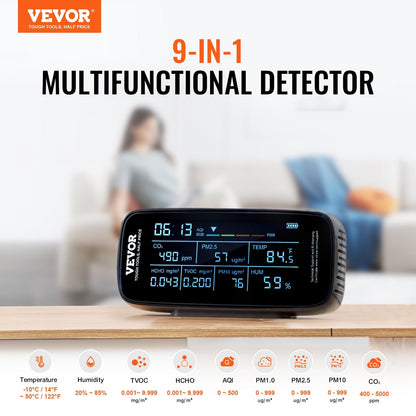 9-in-1 Air Quality Monitor with CO2 and PM Detection, LCD Display, Alarm Feature