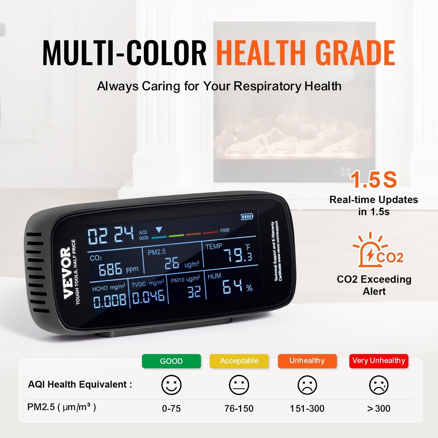 9-in-1 Air Quality Monitor with CO2 and PM Detection, LCD Display, Alarm Feature